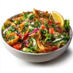 Fresh and Colorful Salad with Crispy Toppings and Lemon Slice