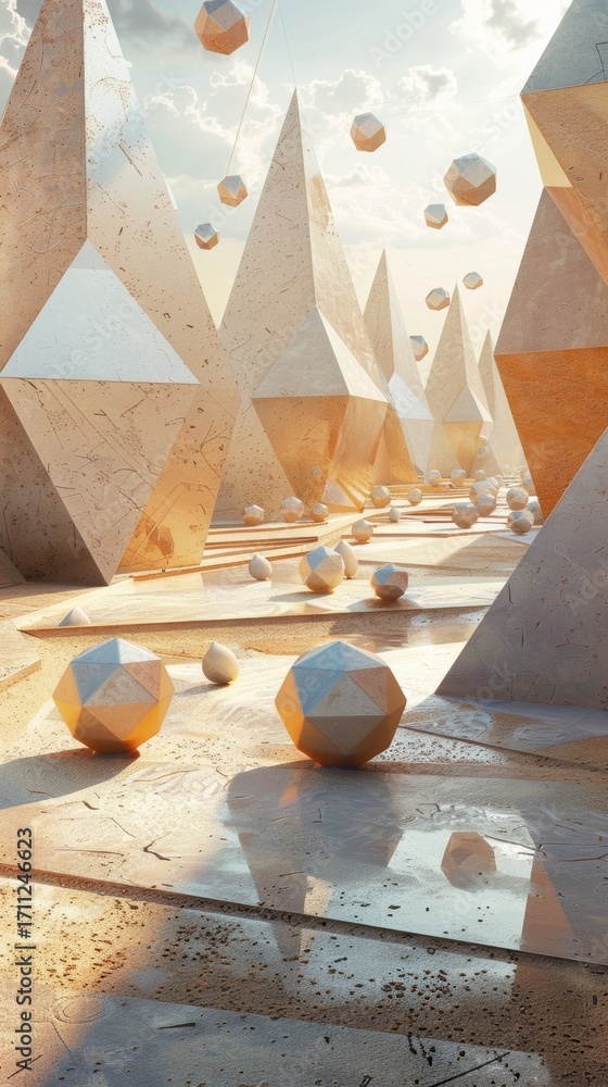 Poster a symmetrical arrangement of triangles circles and squares spread across a desert landscape creating