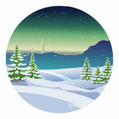 Fototapeta premium Illustration of a snowy landscape with pine trees under the aurora borealis in a circular frame.