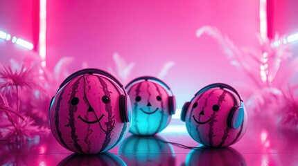 Watermelon dj music party summer fruit headphones pink background cool vibes digital art fun design