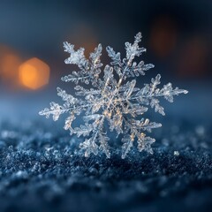 Intricate Snowflake Design on Frosty Surface with Bokeh Background