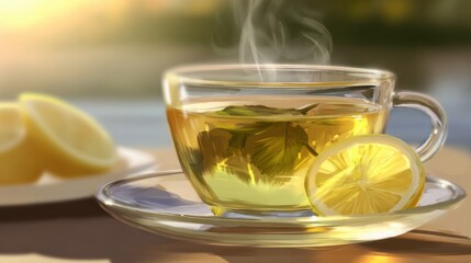 Green tea in a glass cup with steam and lemon slices on a wooden table in nature setting during sunrise