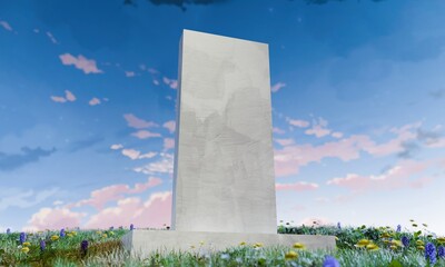 Tall Concrete Monolith Podium in Dreamy Wildflower Field with Pastel Sky