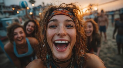 Joyful young woman smiling with friends at sunset on the beach