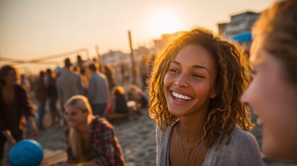 Joyful Woman Smiling at Beach During Sunset Gathering with Friends