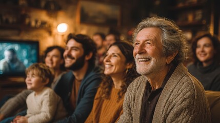 Joyful Family Gathering Watching Movie Together Smiling Faces