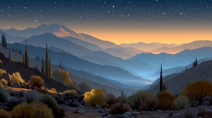 Majestic Mountain Landscape at Twilight with Starry Night Sky