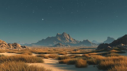 Serene Desert Landscape Under Stars with Mountain Backdrop