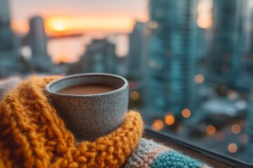 Cozy Cup of Coffee with Sunset View Over Cityscape Background