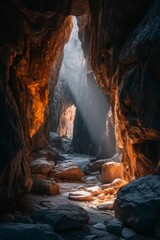 Mystical Light Rays Streaming Through Narrow Canyon Gorge