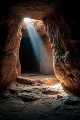Light Beams Streaming Through Cave Entrance into Dark Stone Interior
