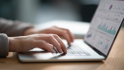 Digital Insights: Hands meticulously navigate the keyboard, the screen displaying intricate analytical data in a modern, professional setting. Focused on financial analysis, research and innovation - Powered by Adobe