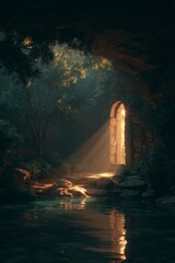 Enchanted Cave Entrance with Sunlight and Reflections in Water