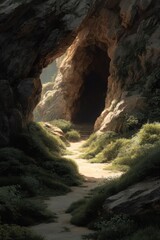 Serene Path Through Cave Surrounded by Lush Greenery and Rocks