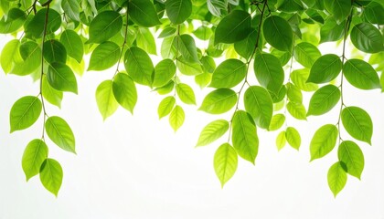 Fresh, light-filled image with verdant leaves cascading down from above against a bright, almost blown-out white background for a natural feel