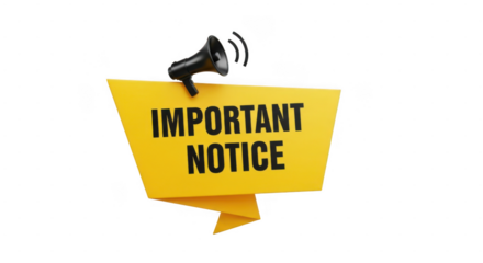 A black megaphone announces an important notice on a bright yellow banner, isolated on white isolated on transparent background