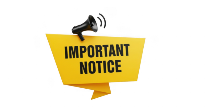 A black megaphone announces an important notice on a bright yellow banner, isolated on white isolated on transparent background