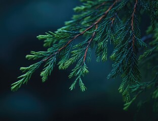 Detailed evergreen branch with soft green needles against dark background.