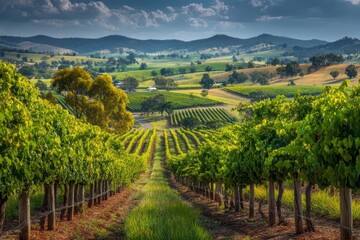 Scenic Vineyard Landscape with Lush Green Rows and Rolling Hills