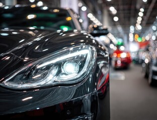 Close up of a modern black luxury car headlight detail.