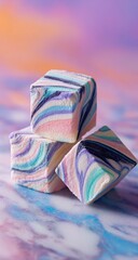 Artistic pastel marbled cubes with swirling patterns on a textured background.