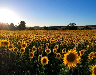 Vast sunflower field at sunrise