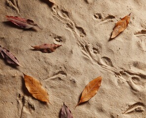 Fallen autumn leaves scattered on sandy ground with intricate animal tracks.
