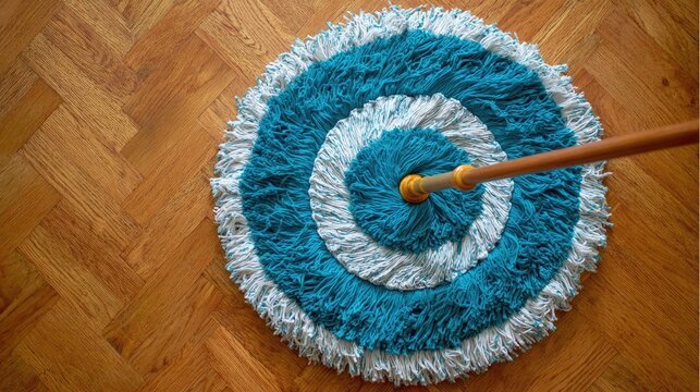 Colorful circular mop on a wooden floor.