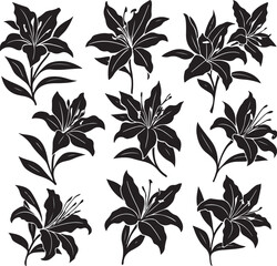 Elegant Lily Silhouettes: A collection of nine elegant lily silhouettes in monochrome. The image captures the intricate details and natural beauty of these blooms, ideal for art and design.