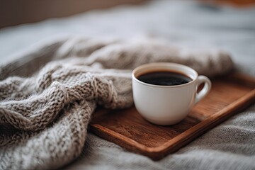 Cozy Morning Coffee Cup on Knitted Blanket Warm Beverage Comfort.