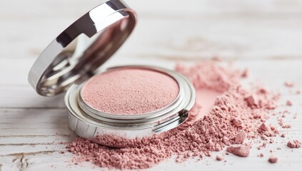 Pink makeup powder compact with scattered dust on wooden surface.