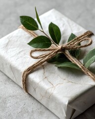 Elegant Gift Box Wrapped in Textured Paper with Natural Green Leaf Decoration.