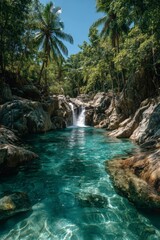 Fototapeta premium Serene Waterfall in Lush Jungle Oasis with Crystal Clear Pool