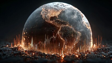 Dynamic digital globe pulses with vibrant energy, symbolizing global connectivity, innovation, and the interconnectedness of modern technology in a dark, futuristic landscape.