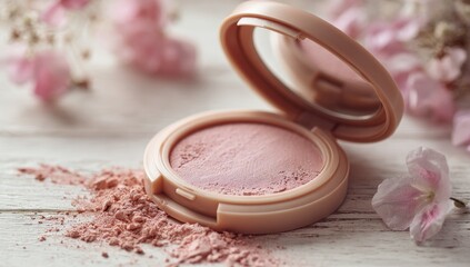Elegant pink makeup powder compact with delicate floral decoration on wooden surface.