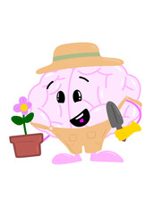 brain planting flower cute brain character icon cartoon style