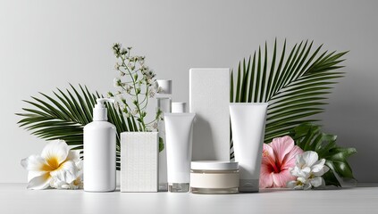 Elegant white cosmetic bottles and jars with tropical foliage and exotic flowers.