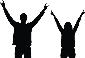 Energetic silhouettes celebrating success with rock and roll gestures, perfect for victory