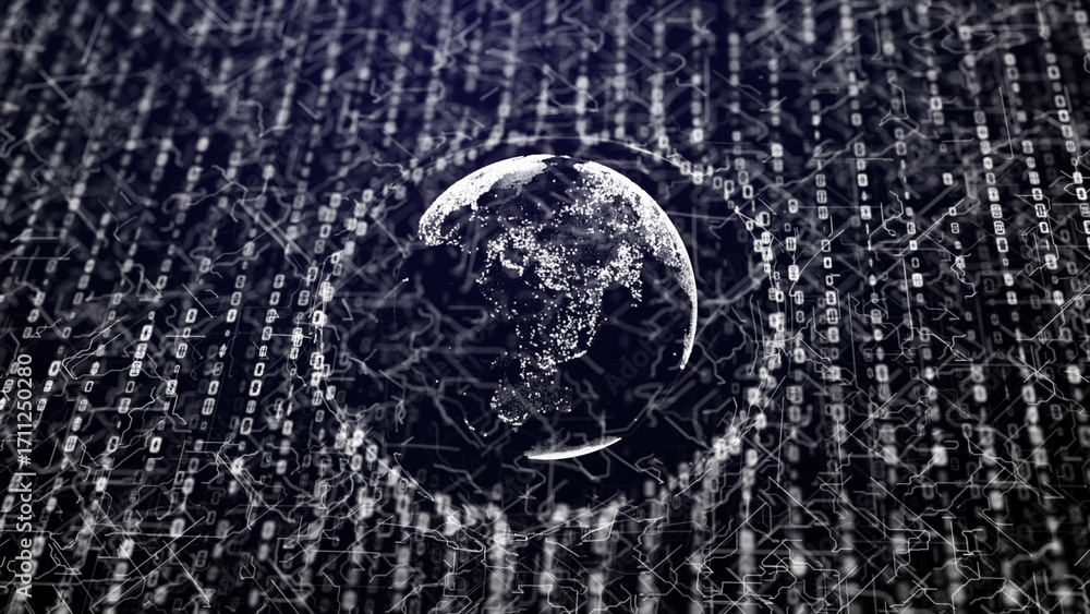 Poster futuristic digital world map with white glowing data flow and matrix code lines for corporate presen