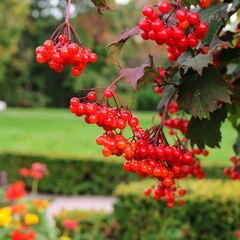 Clusters of vibrant red berries hang from branches, with out-of-focus garden setting