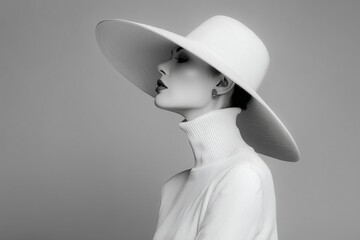 Black and white fashion portrait of young woman wearing stylish hat in profile view against gray background