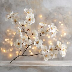 Elegant white cherry blossom branch with soft glowing bokeh lights background.