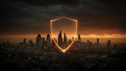 Dynamic digital shield protecting glowing modern cityscape at dusk, symbolizing corporate security and urban resilience against digital threats, evoking innovation and safety