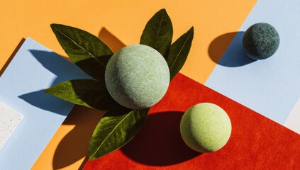 Minimalist arrangement of green bath bombs with leaves on colorful geometric background.