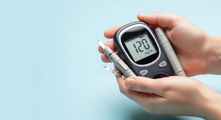 A person holds a glucose meter and lancet device, showing a blood sugar reading of 120 mg/dL against a light blue background.