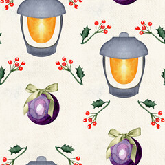 Glowing lanterns, red holly berries and glass baubles watercolor seamless pattern on textured background. Ideal for wrapping paper, fabric, festive backgrounds, holiday decor, seasonal craft projects