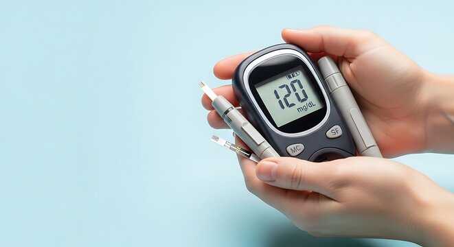 A person holds a glucose meter and lancet device, showing a blood sugar reading of 120 mg/dL against a light blue background. - Powered by Adobe