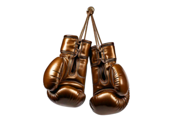 A pair of Bronze boxing gloves hang from a hook, ready for use  isolated on transparent or white background