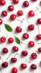 Symmetrically arranged ripe red cherries with green leaves sit on bright white backdrop, displaying freshness and organic appeal