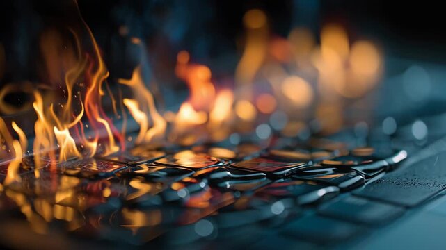 Space rocket launch from laptop screen concept. Flames engulf a laptop keyboard, symbolizing creativity and explosive ideas in technology.